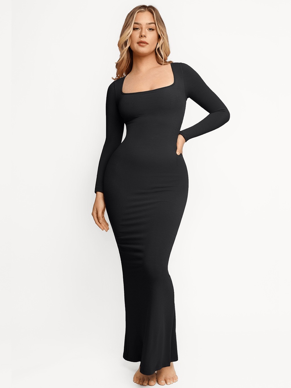 Popilush Shapewear Square Neck Long Sleeve Slimming Modal Maxi Dress Medium